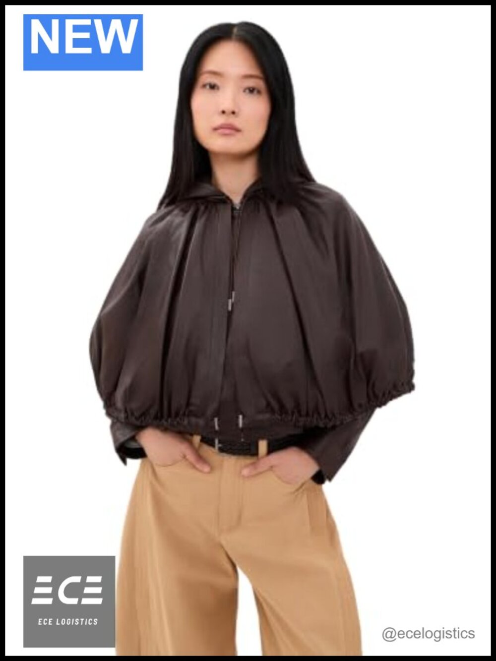 Lambskin Leather Cape Jacket Drawcord Zip Front